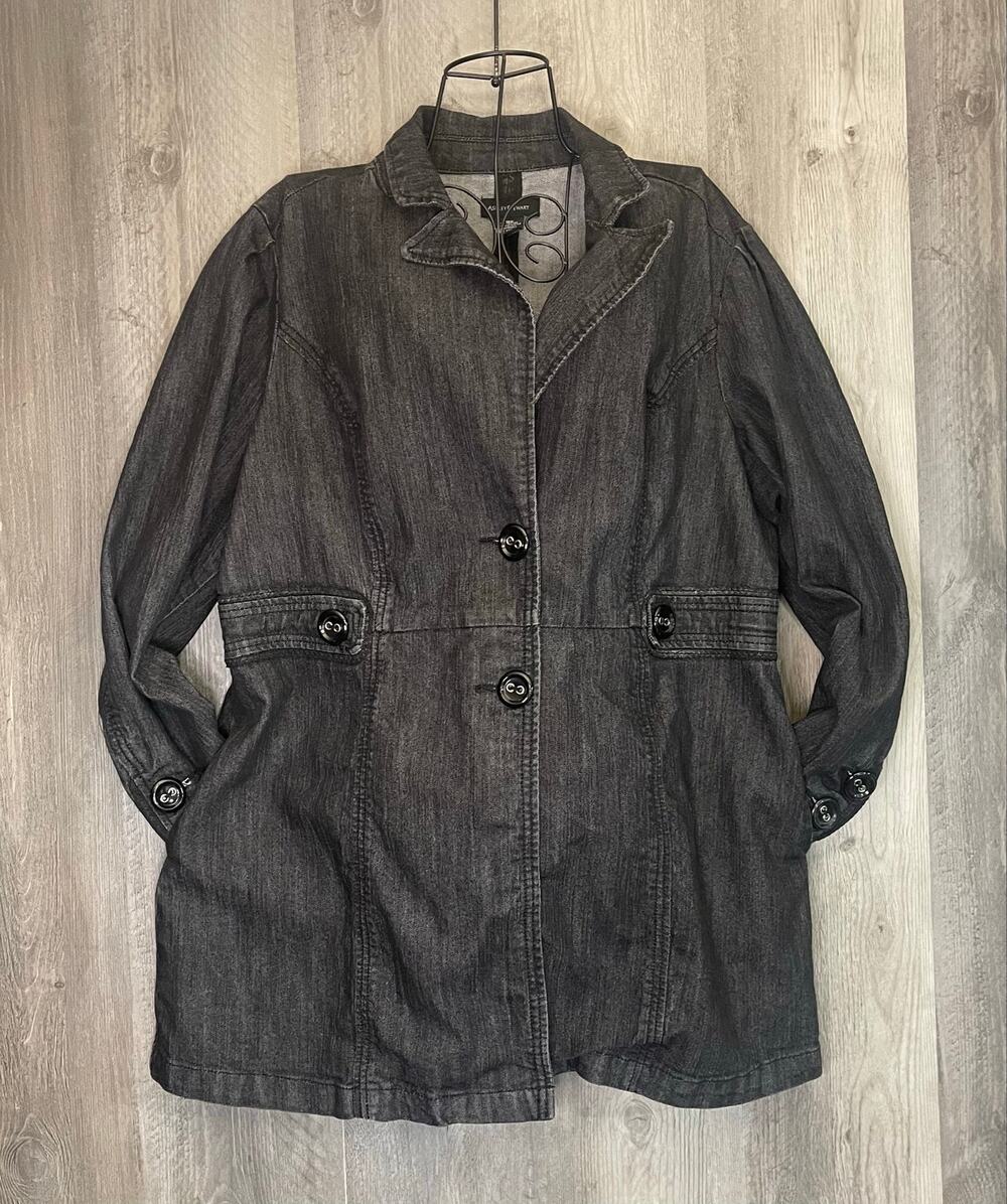 Ashley Stewart 18W Denim Trench Coat/Duster Long Jacket Plus Size Stretch Black